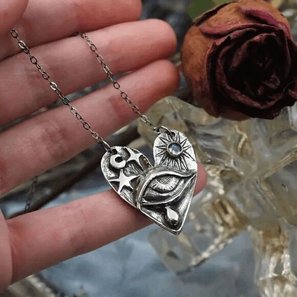 Celestial Moonstone Crying Eye Sun Heart Pendant Necklace - Picture 8 of 9